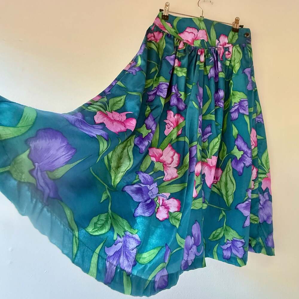 Vintage Thai Silk Floral Midi Skirt